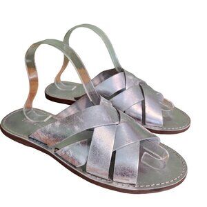 Madewell The Boardwalk Silver Leather Woven Slide Sandals Distressed Silver sz 9